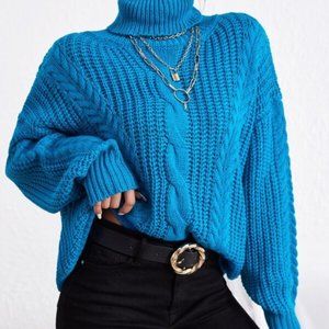 Blue Turtleneck chunky Knit Sweater